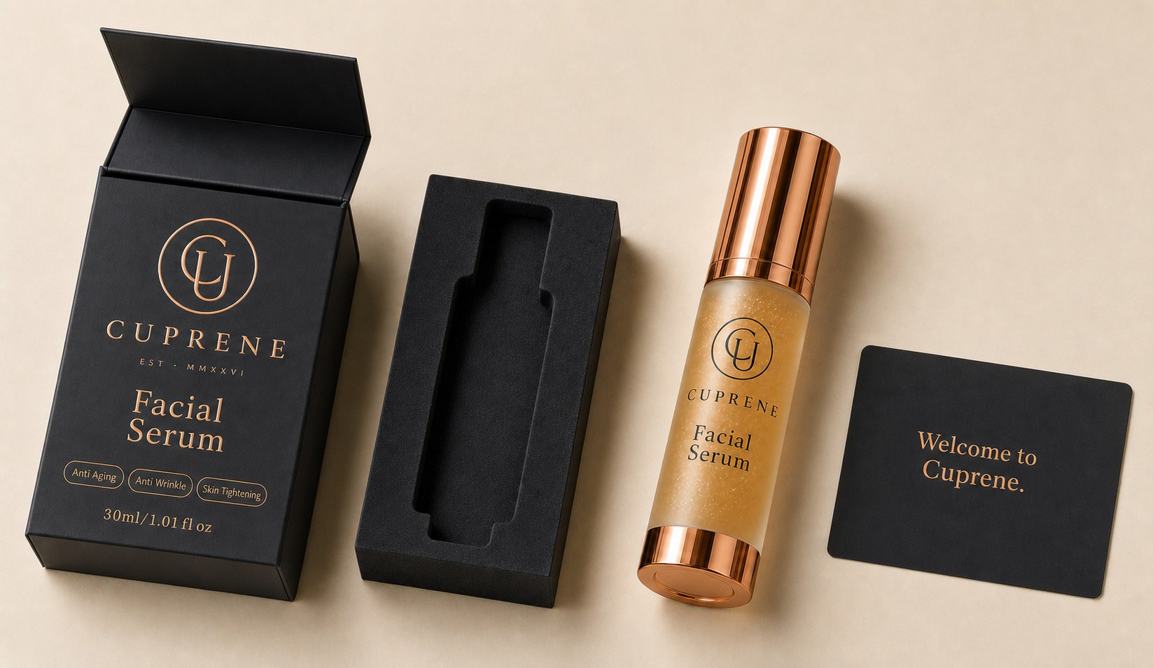Unboxing flat-lay of the CUPRENE box, foam insert tray, bottle, and welcome card