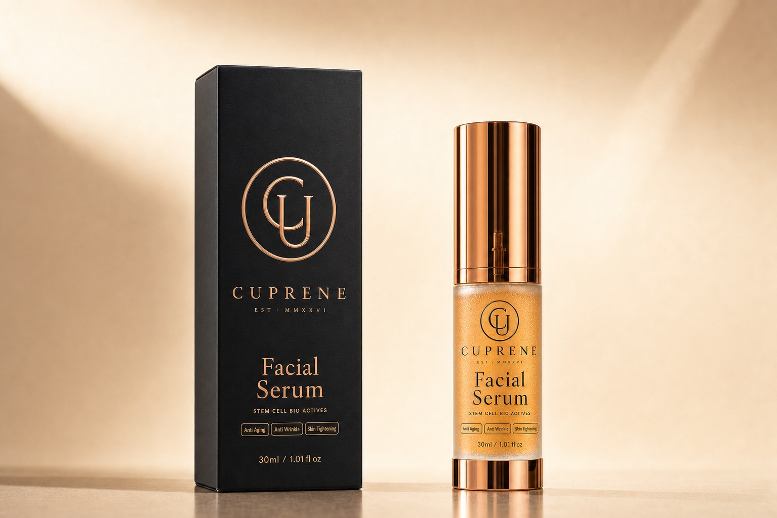 CUPRENE Facial Serum — matte black box and frosted glass bottle with copper hardware