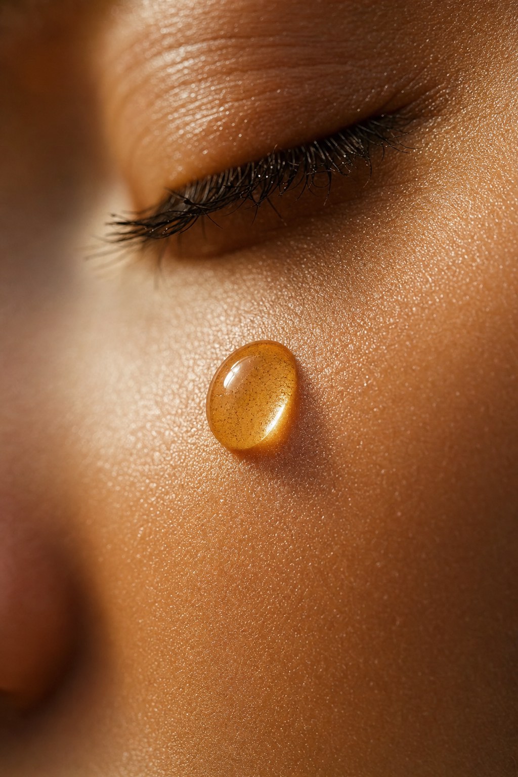 Macro of a golden amber serum droplet resting on luminous skin